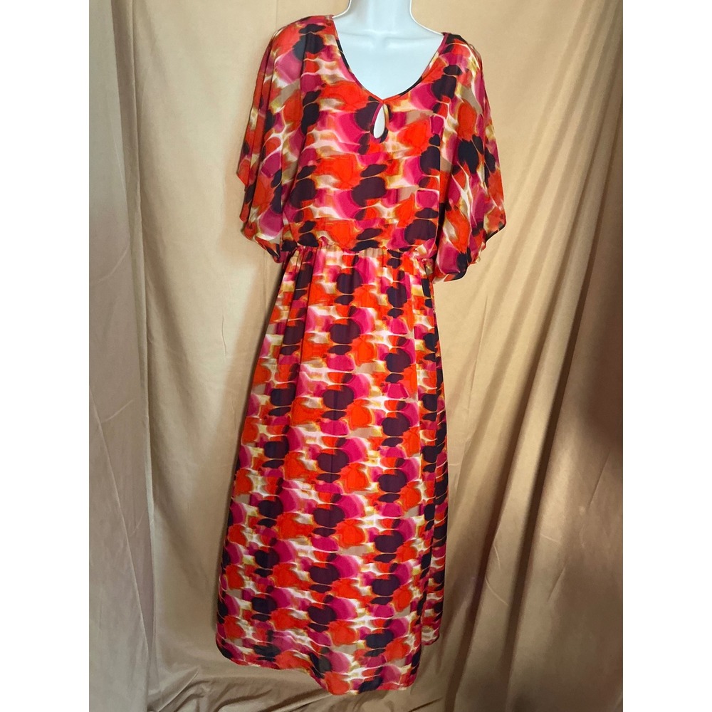 Laundry by Design Maxi Dress Womens 8 Orange Pink Excellent Flutter Sleeve Dot